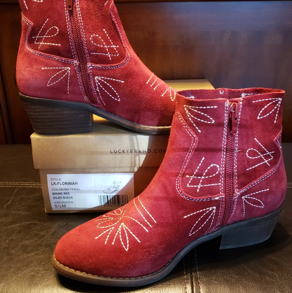 🍀Lucky Brand Floriniah Biking Red Suede Western Booties 🍀